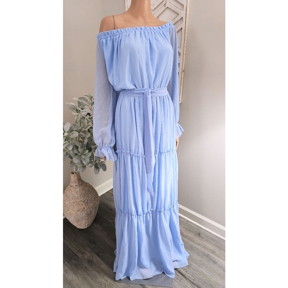 Faeriesty Ski Blue Off Shoulder Long Sleeves Tiered Waist Tie Maxi Dress 4XL - Picture 3 of 9